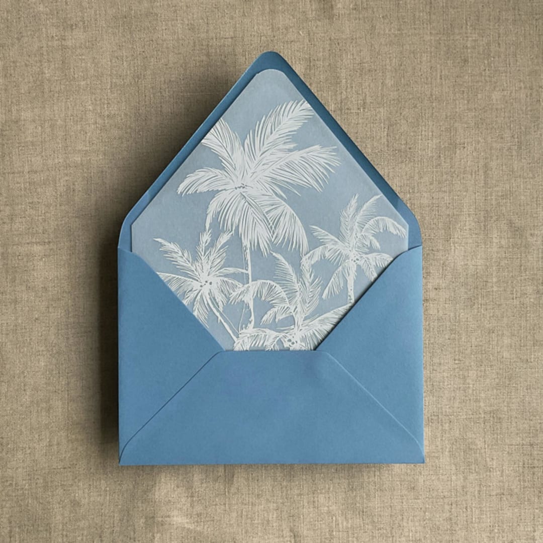 "white ink print palm trees printed vellum envelope liner for A7 euro flap envelope | pack of 10" - Envelope Liners in white by Ivory Invitations