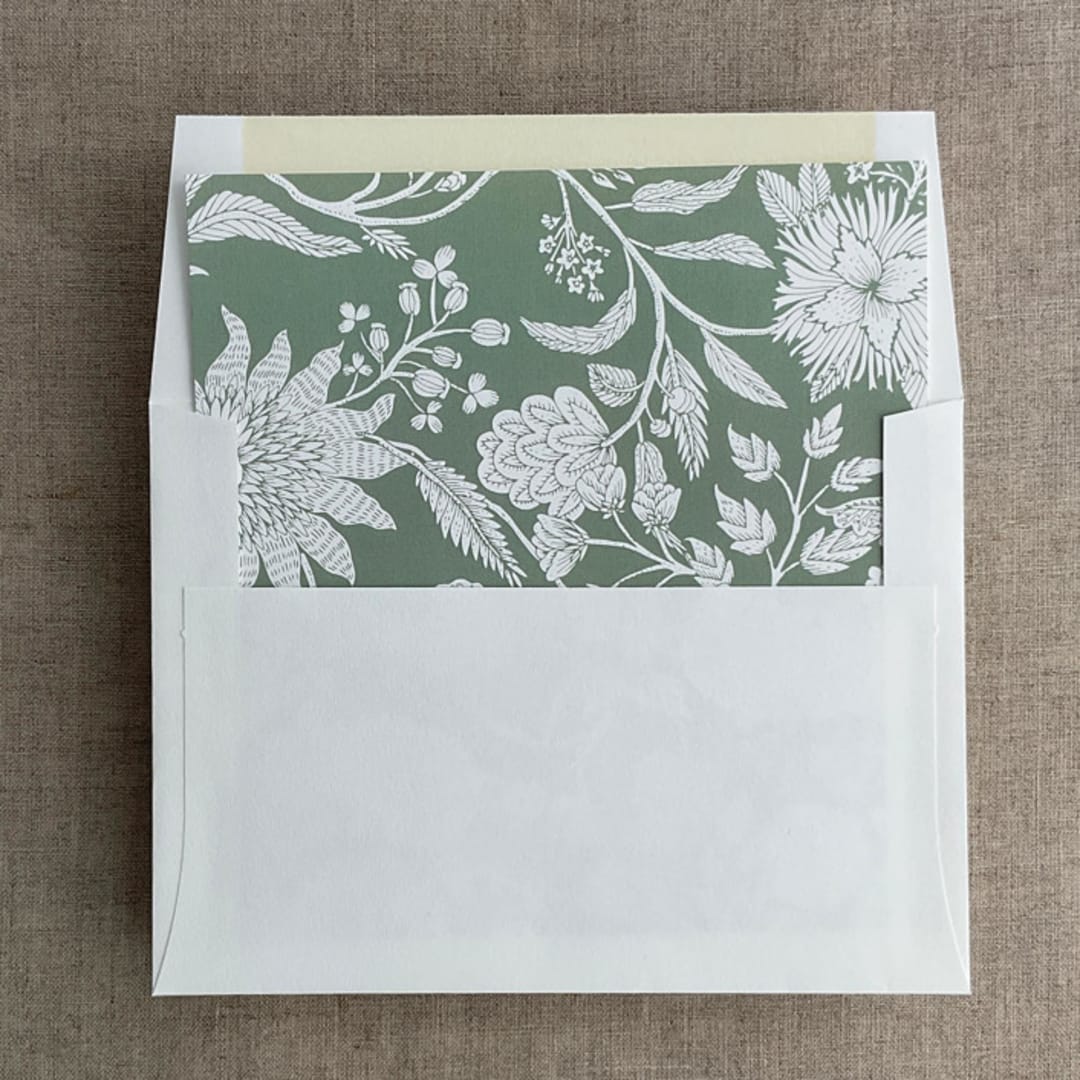 "Green botanical garden envelope liner for A7 square flap envelope | pack of 10" - Envelope Liners in green by Ivory Invitations