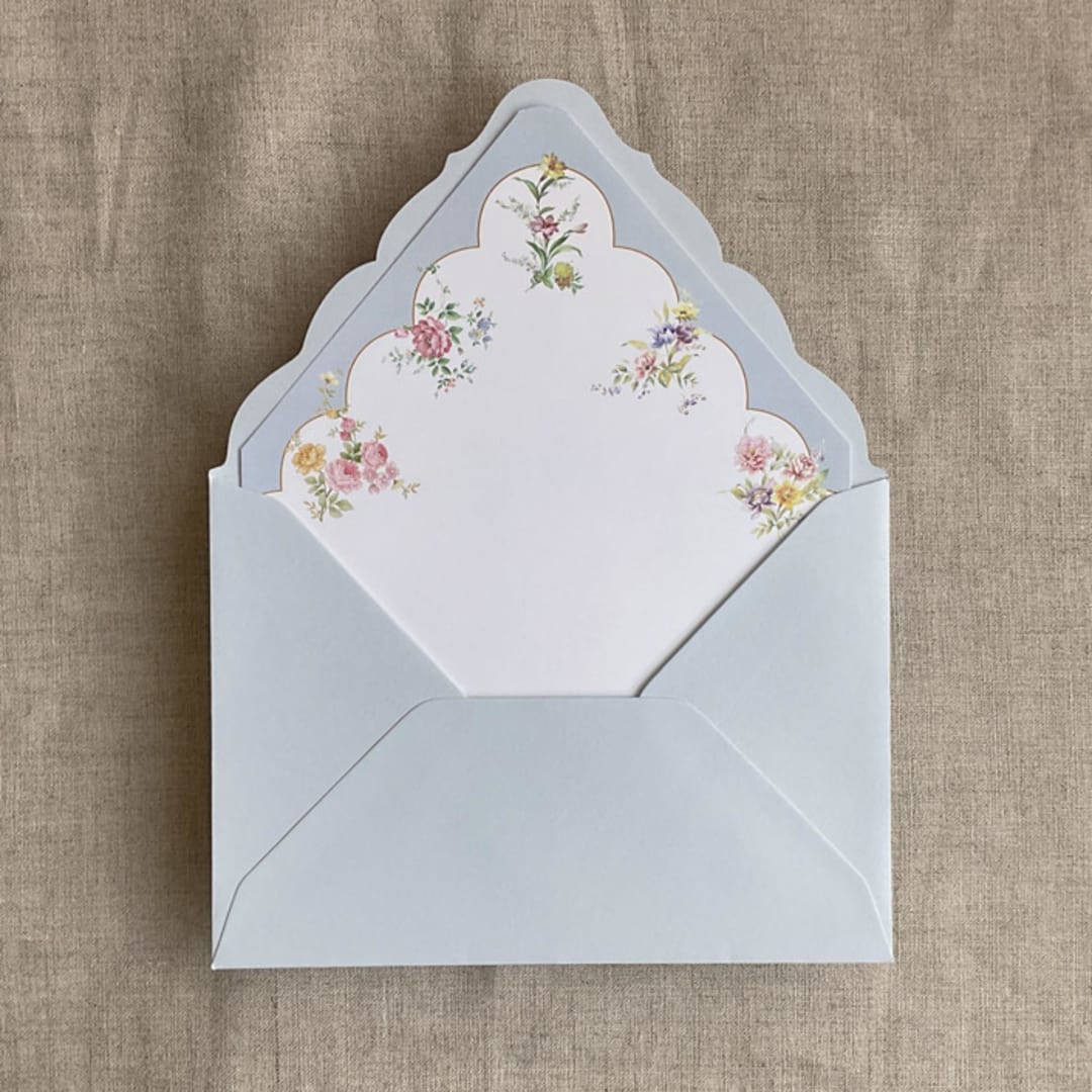 "Clara pale blue scallop floral edge printed envelope liner for A7 euro flap envelope | pack of 10" - Envelope Liners in blue by Ivory Invitations