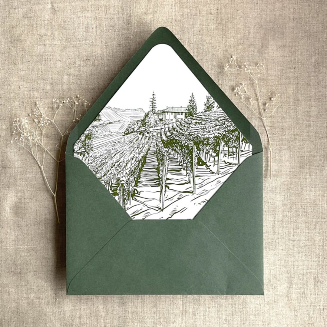 "Vineyard landscape sketch moss printed envelope liner for A7 euro flap envelope | pack of 10" - Envelope Liners in green by Ivory Invitations