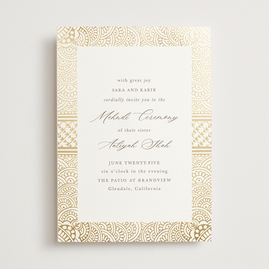"Gilded Henna" - Foil-Pressed Mehndi Invitations in Lily by Mansi Verma - Front
