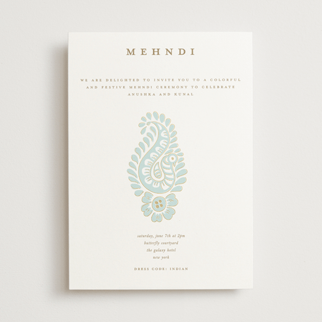 "Royal Wedding" - Foil-Pressed Mehndi Invitations in Mint by Teju Reval - Front