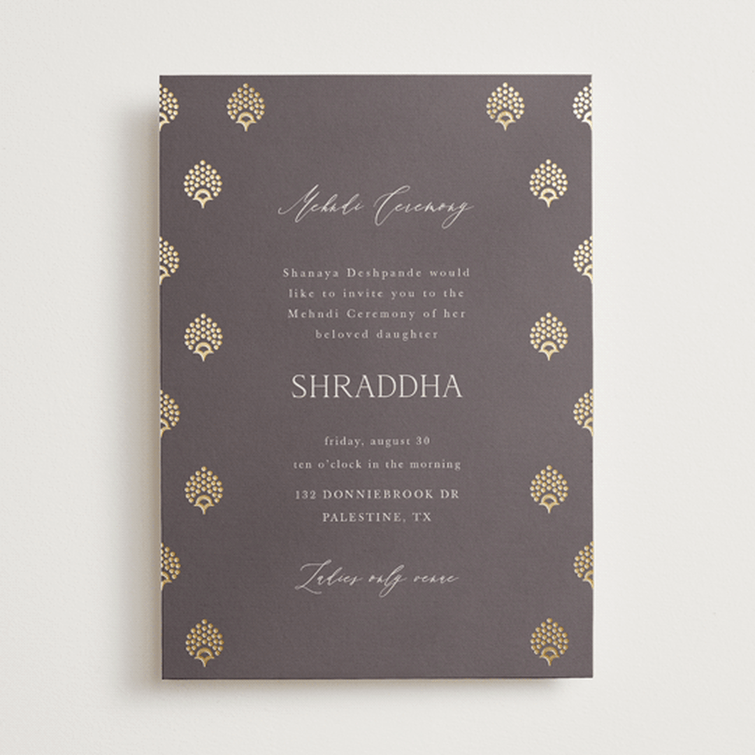 "Shraddha" - Foil-Pressed Mehndi Invitations in Celestial by Deynaaz Daraei - Front