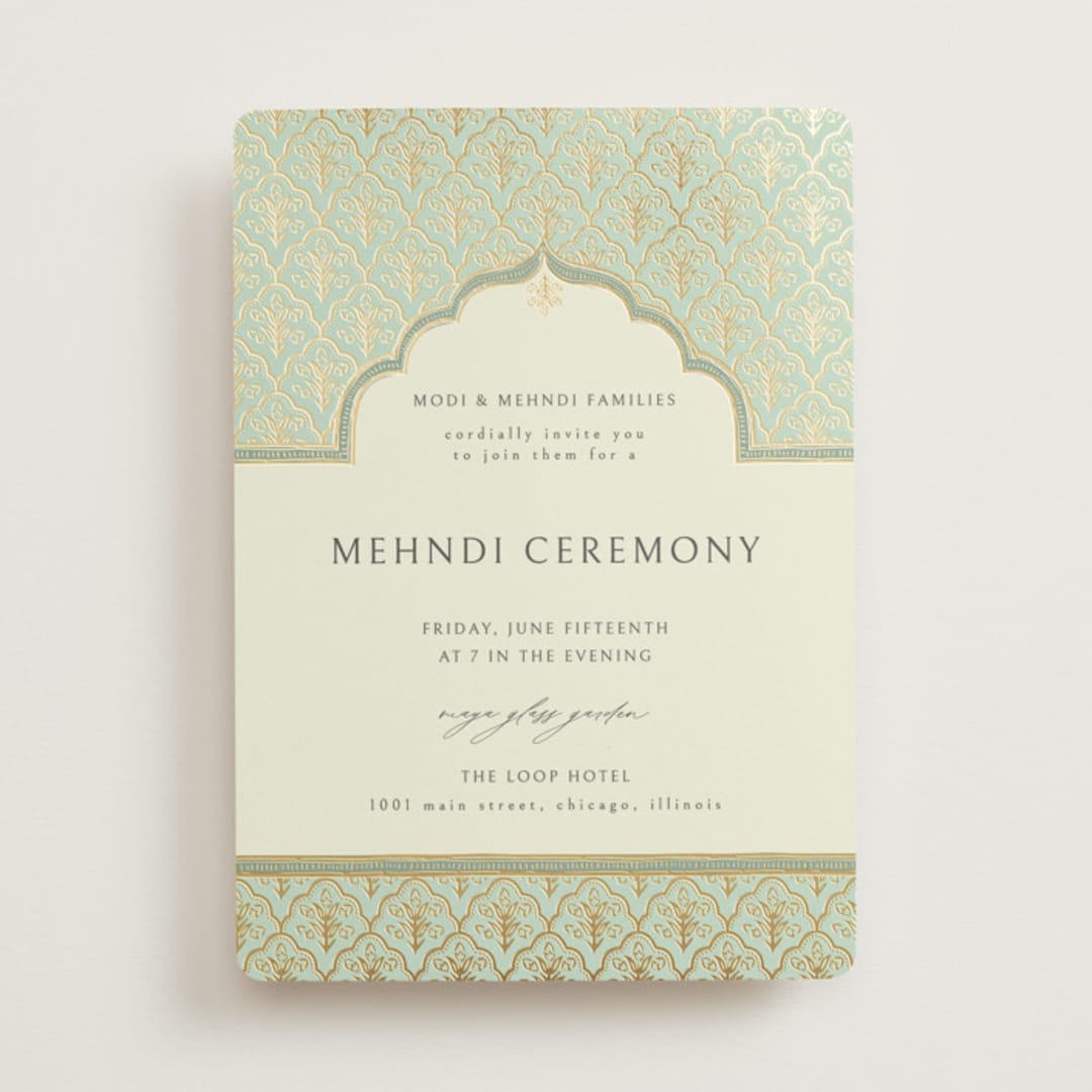 "Aatreya" - Foil-Pressed Mehndi Invitations in Aqua by Pati Cascino - Front