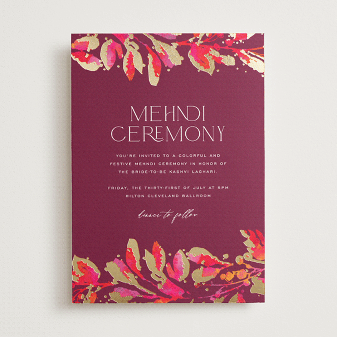 "Bright abstract" - Foil-Pressed Mehndi Invitations in Sangria by Jessica Corliss - Front