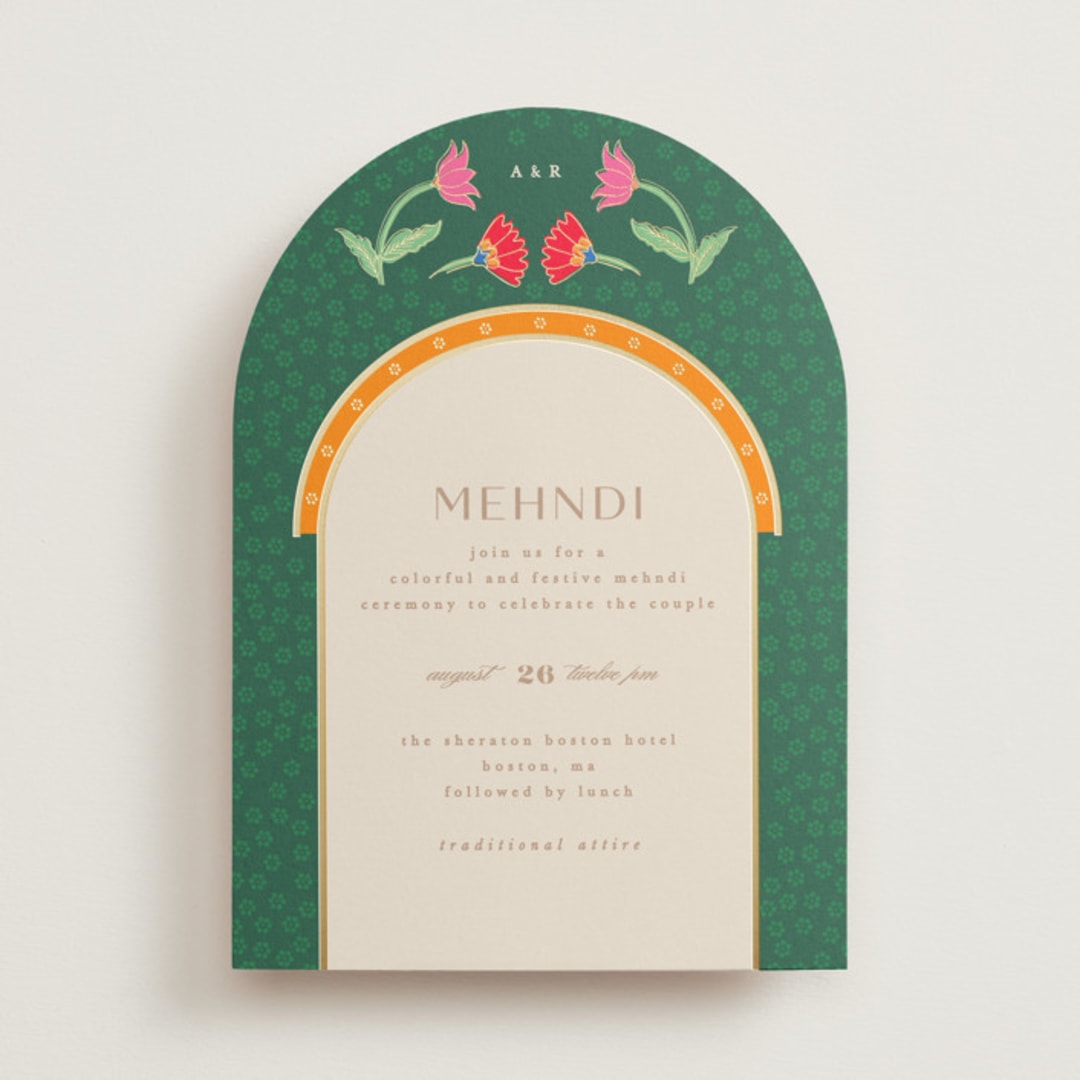 "Indian garden" - Foil-Pressed Mehndi Invitations in Sindoor by Creo Study - Front