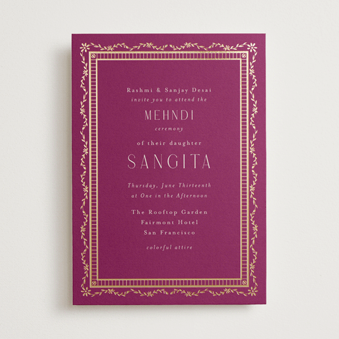 "Amber Palace" - Foil-Pressed Mehndi Invitations in Garnet by Chris Griffith - Front