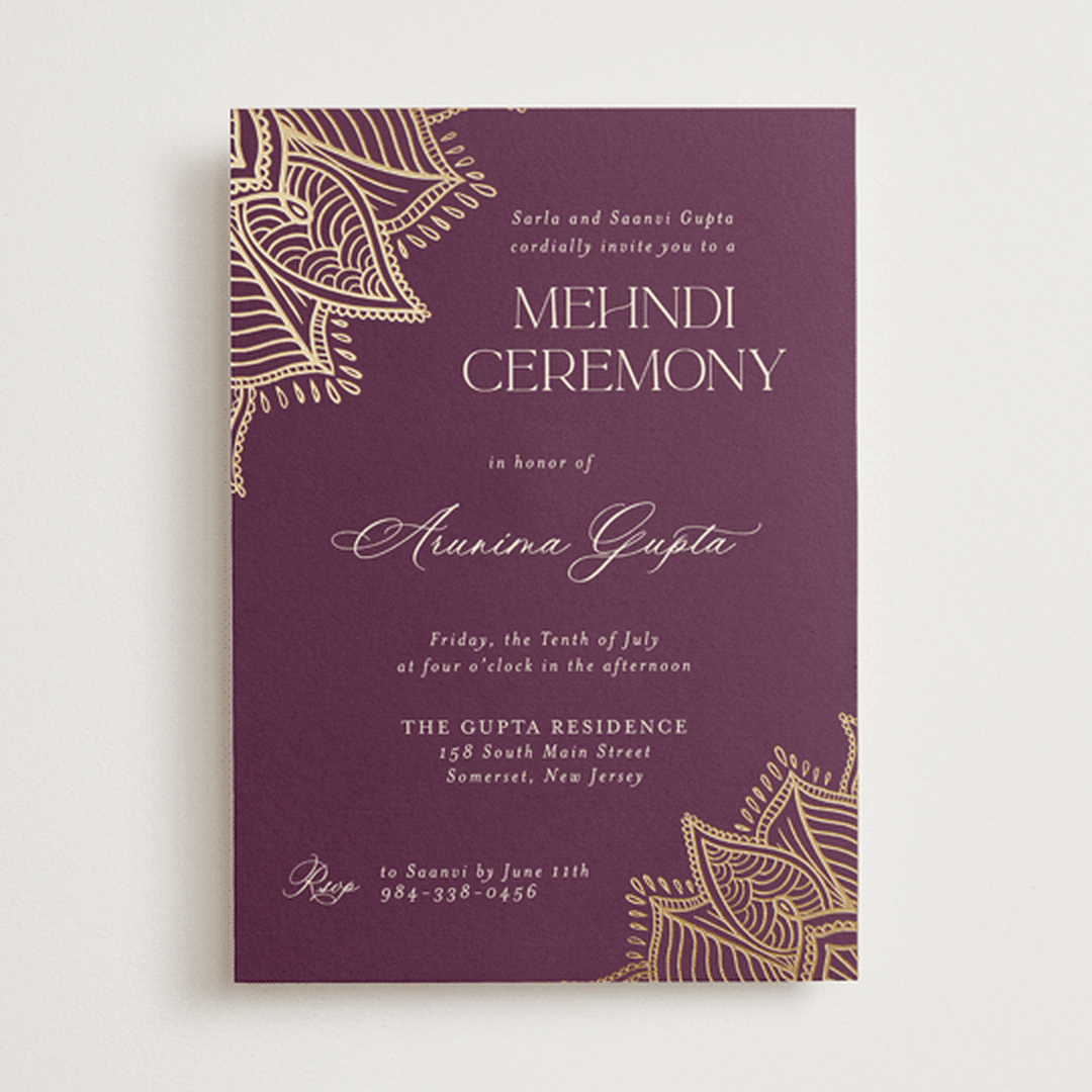 "Arunima" - Foil-Pressed Mehndi Invitations in Plum by Randi Cirelli - Front
