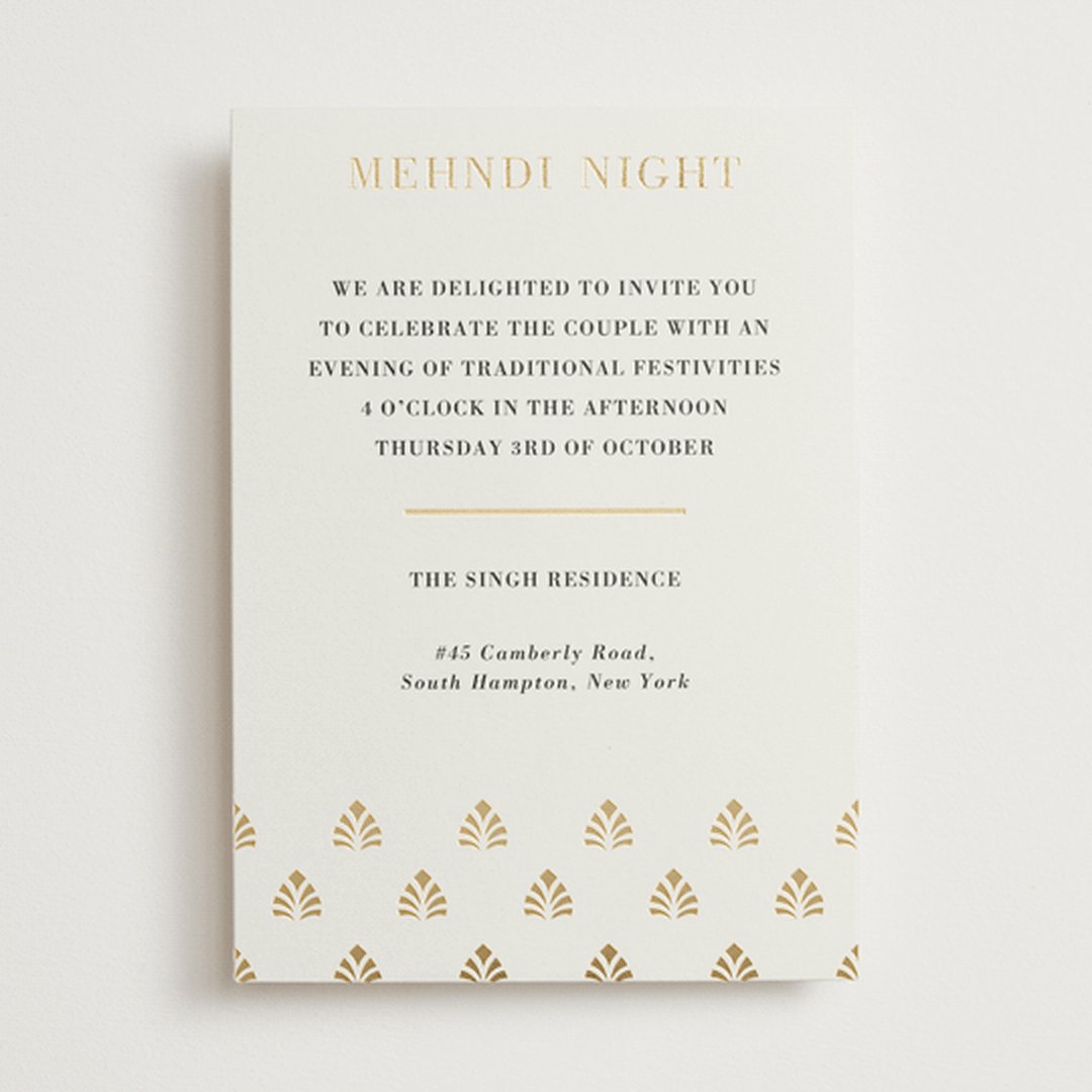 "Henna Stamp" - Foil-Pressed Mehndi Invitations in Champagne by Oma N. Ramkhelawan - Front