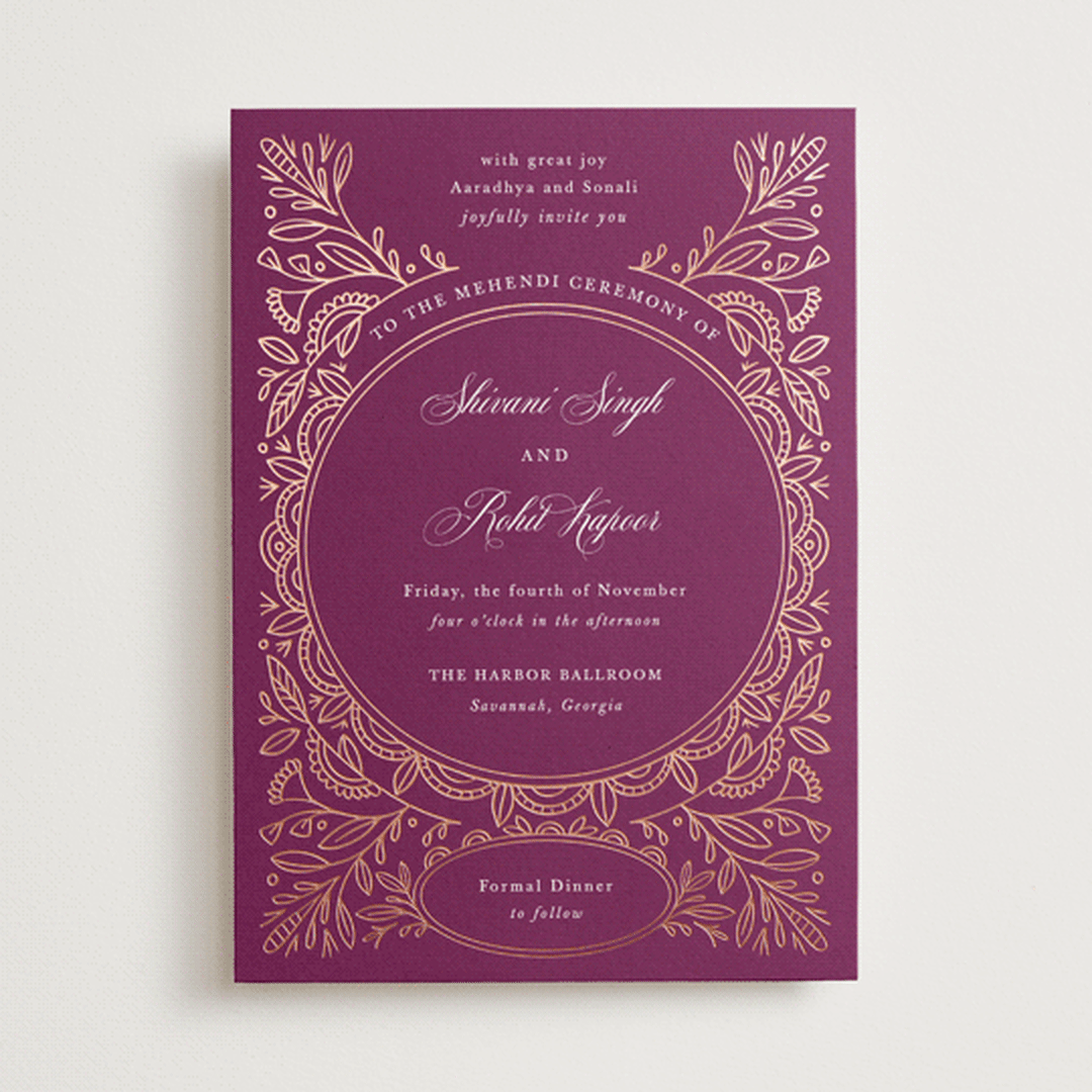 "Zardozi" - Foil-Pressed Mehndi Invitations in Amethyst by Mansi Verma - Front