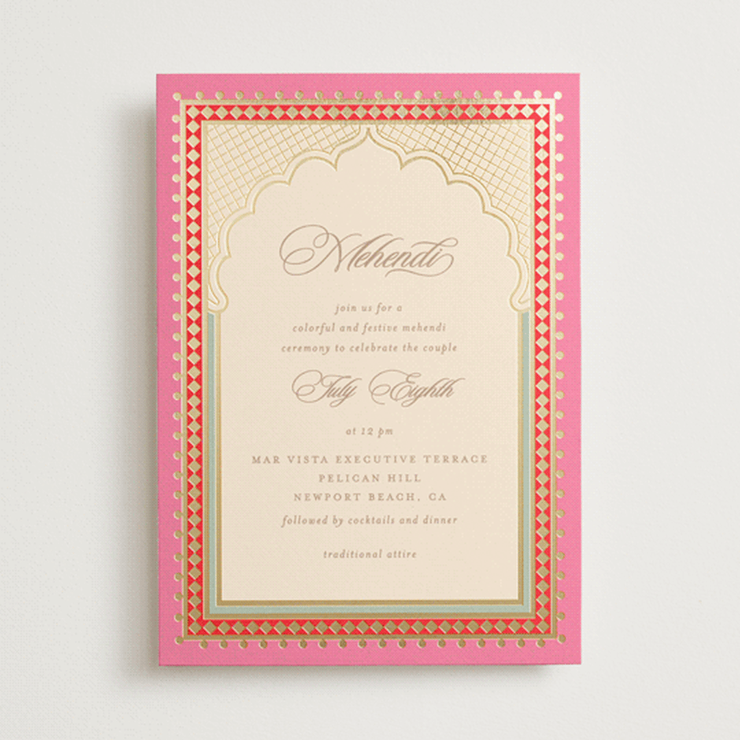"Mandapam" - Foil-Pressed Mehndi Invitations in Carnation by Creo Study - Front