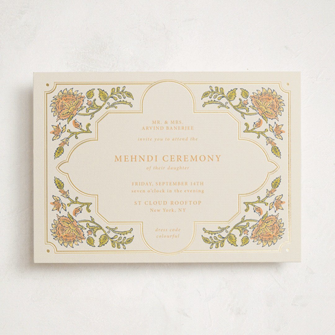 "Marigold" - Foil-Pressed Mehndi Invitations in Ochre by Hannah Bowman - Front