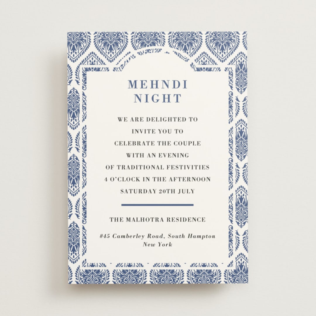 "Calcutta Stamp" - Mehndi Invitations in Azure by Oma N. Ramkhelawan - Front