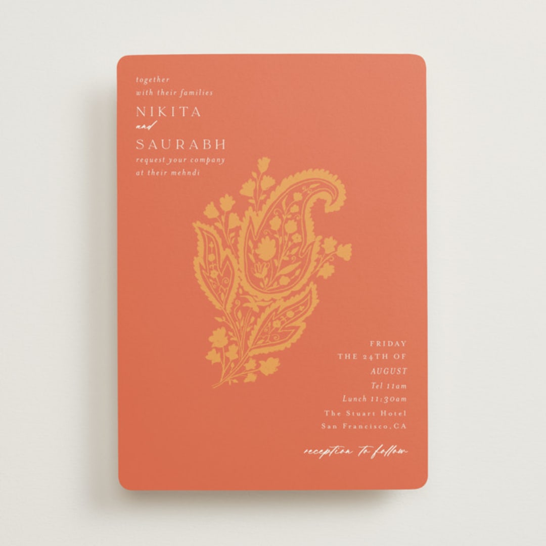 "Heritage Paisley" - Mehndi Invitations in Tangerine by Kanika Mathur - Front