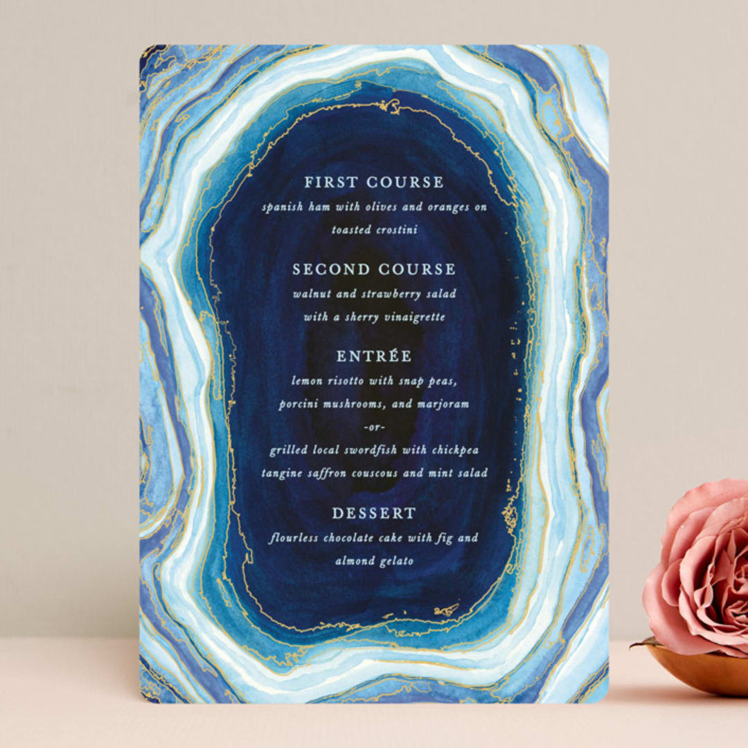 "Gilt Agate" - Menus in Navy by Kaydi Bishop - Front