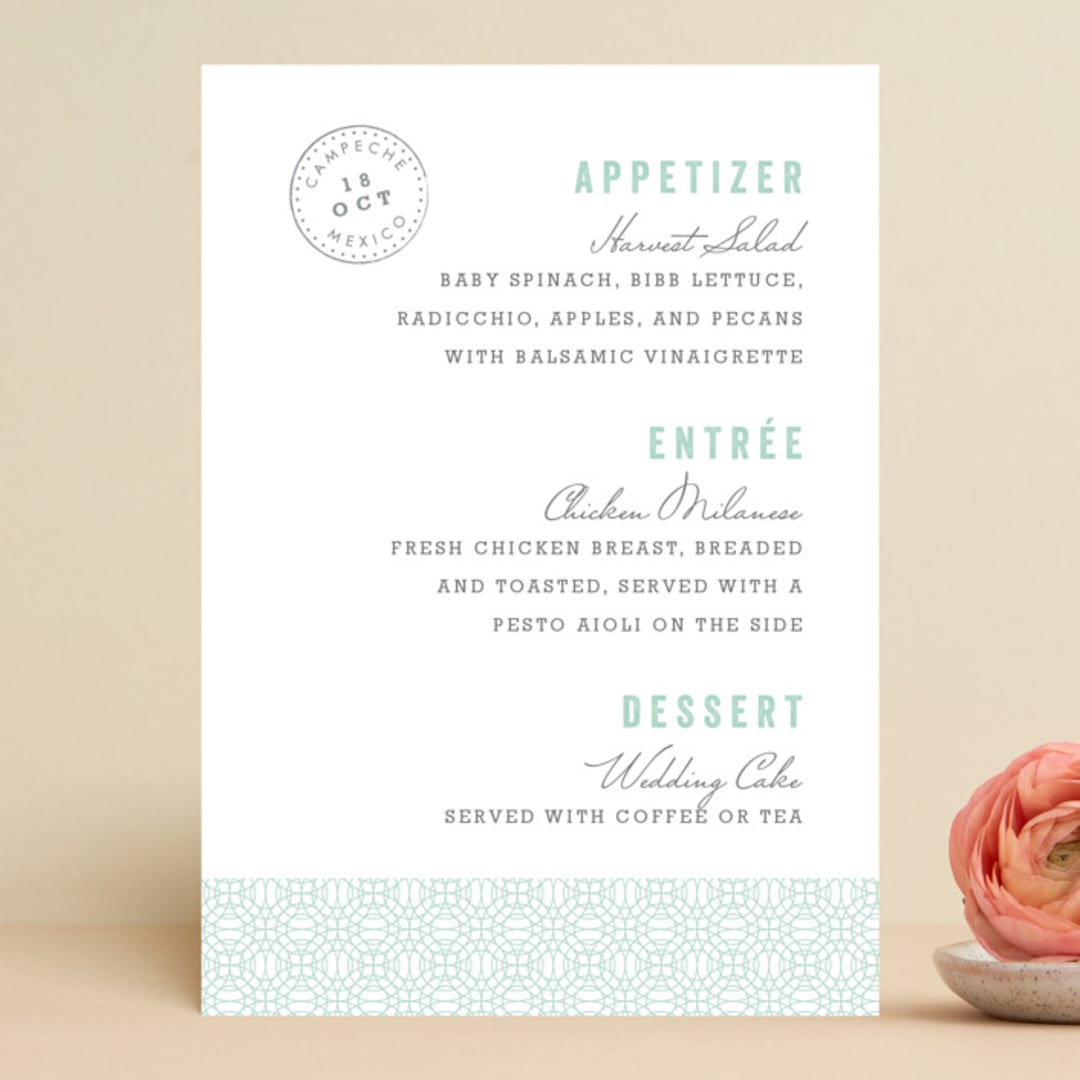 "Passport" - Menus in Seafoam by Sarah Curry - Front