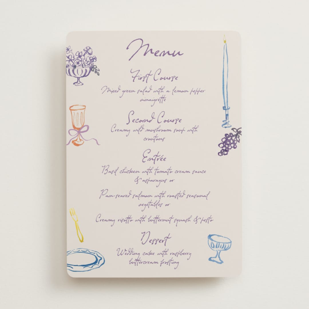 "tablescape drawing" - Menus in Hydrangea by Cass Loh - Front
