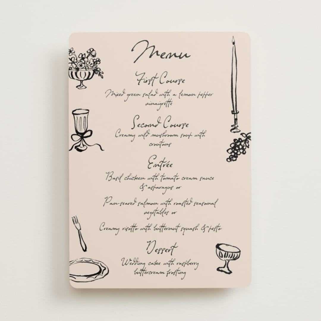 "tablescape drawing" - Menus in Black Dahlia by Cass Loh - Front