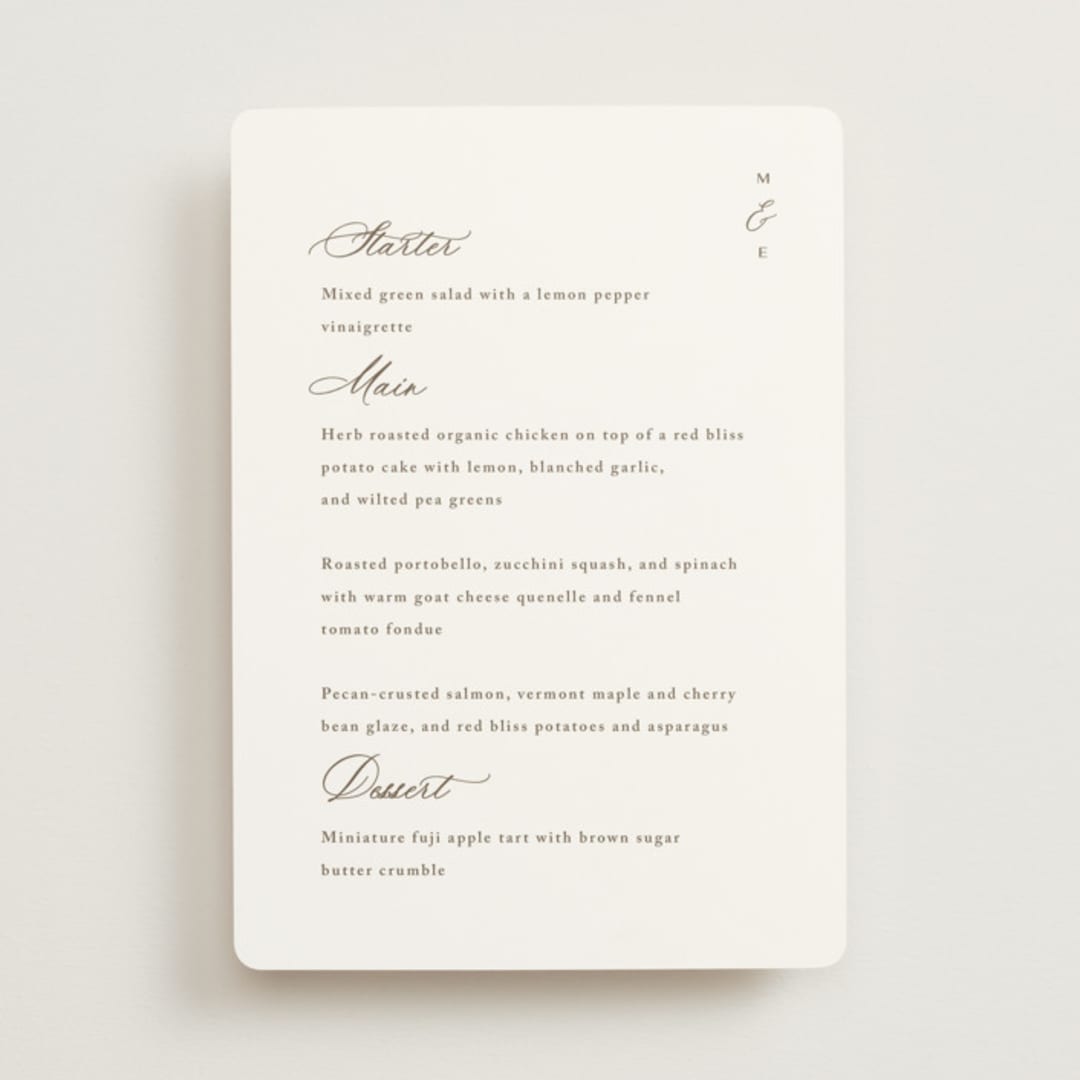 "Whimsy" - Menus in Latte by Cara Scott - Front