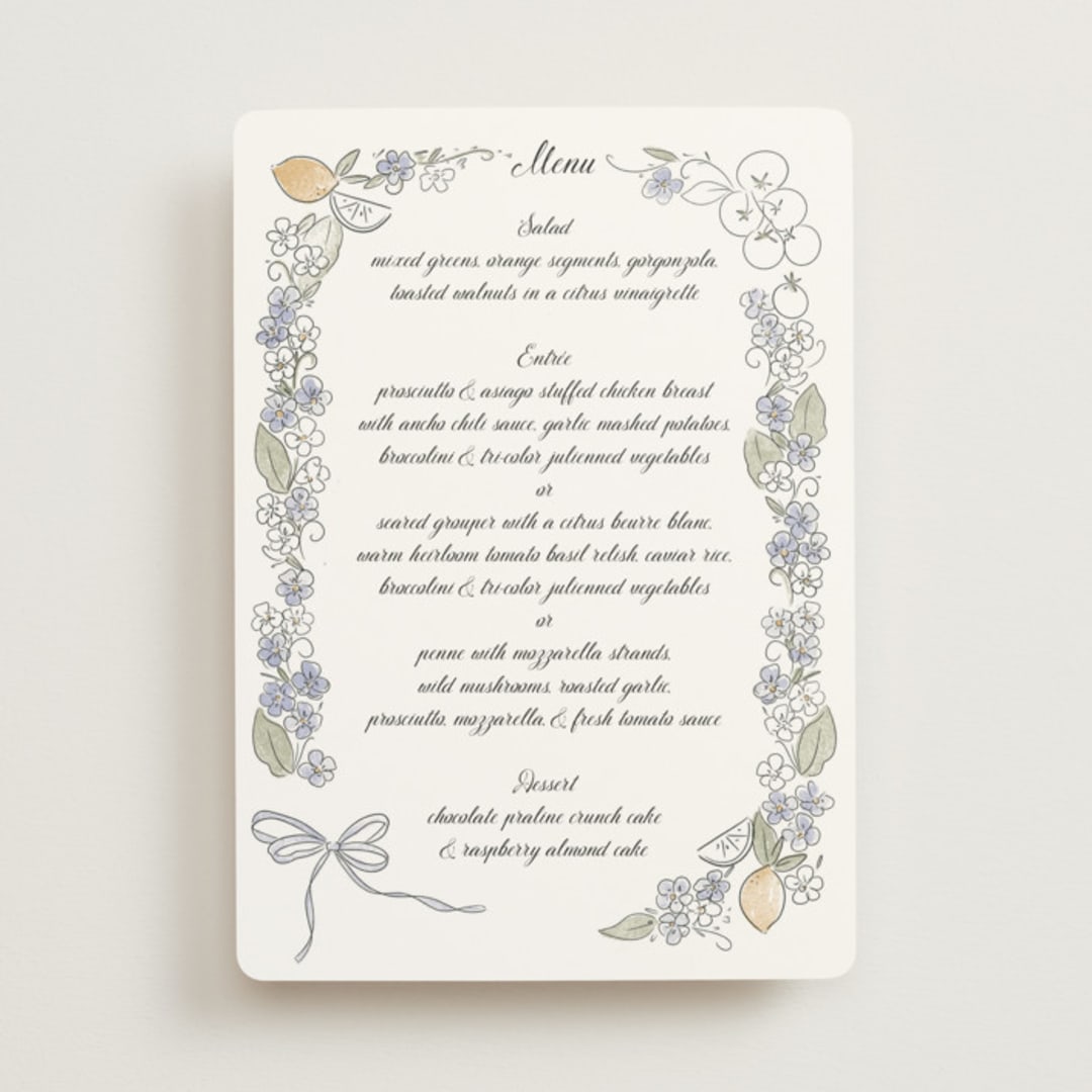 "Forget Me Nots" - Menus in Violet by Jenna Holcomb - Front