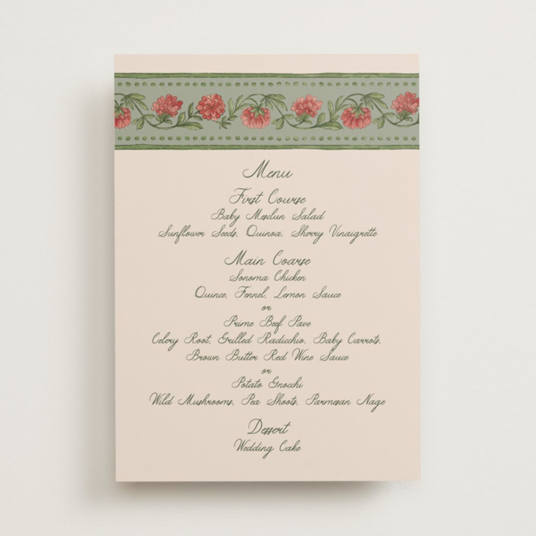"Wedding Tapestry" - Menus in Coral Fern by Chris Griffith - Front