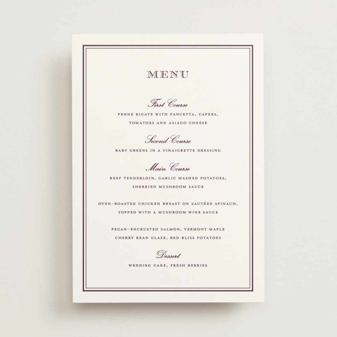 "Engraved names" - Menus in Burgundy by Stacey Meacham - Front