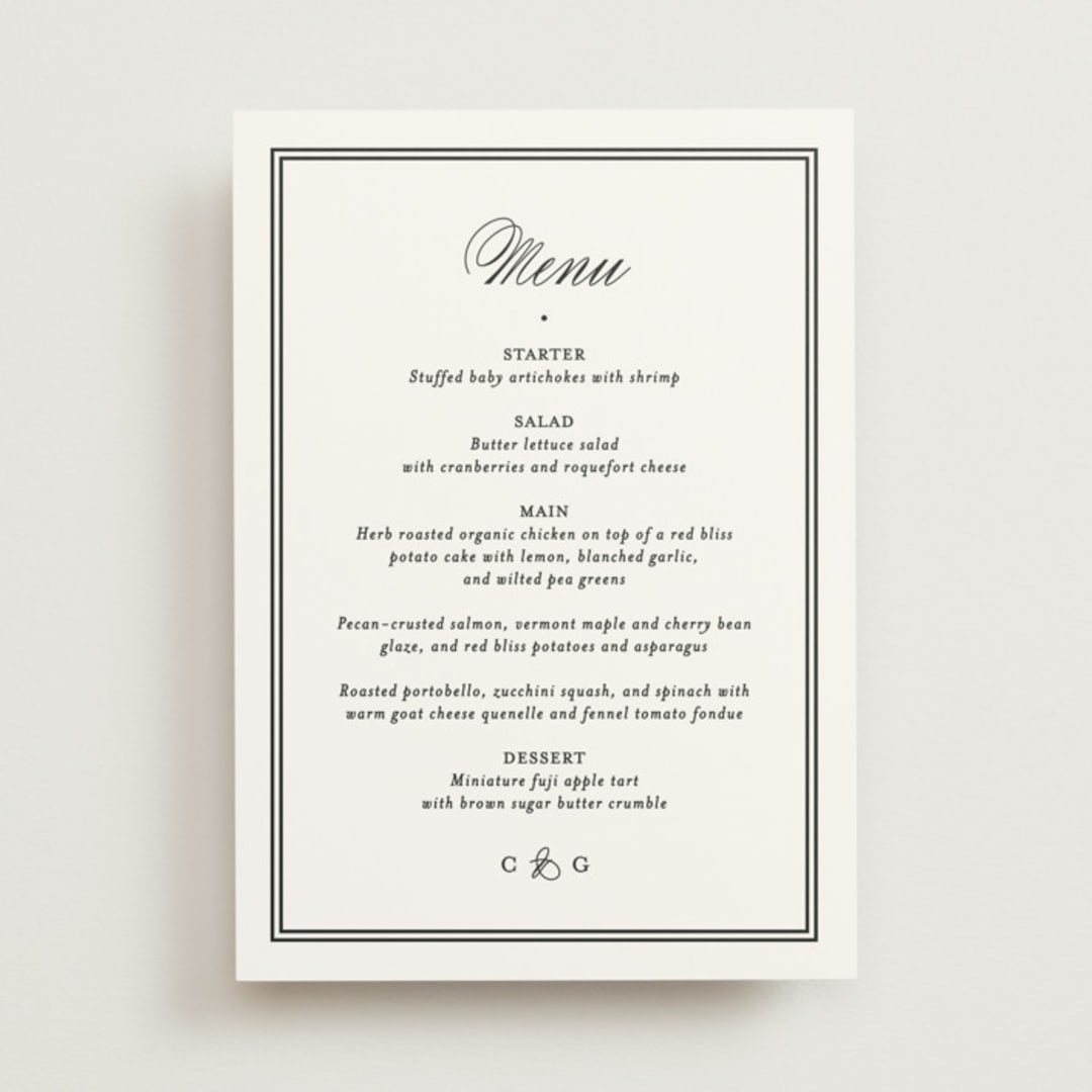 "Timeless Together" - Menus in Tuxedo by Carolyn MacLaren - Front