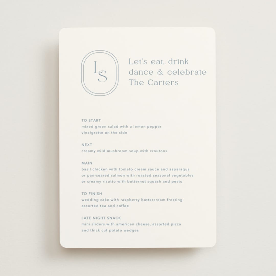 "Leighton" - Menus in Lakeshore Blue by Jennifer Postorino - Front