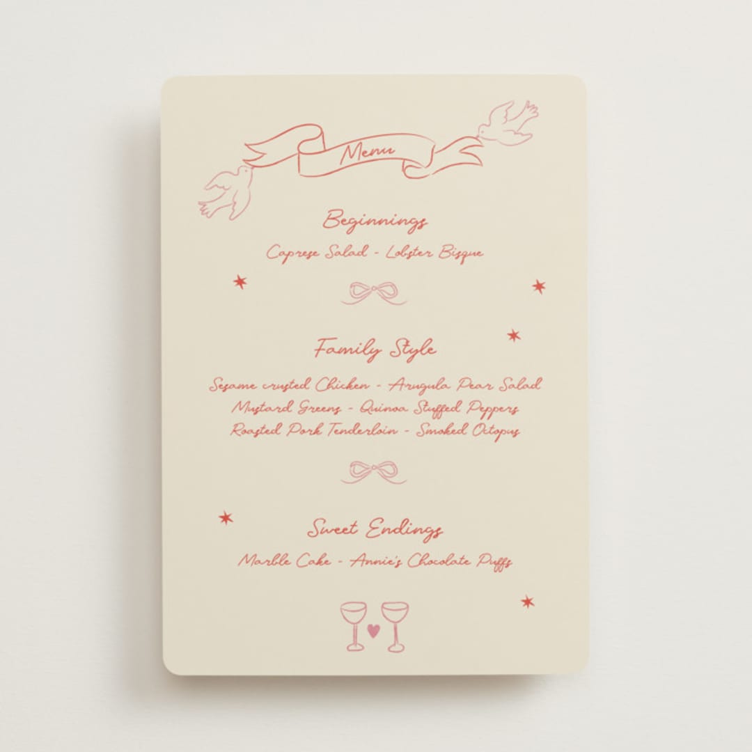 "The Bird Song" - Menus in Peach by Helena Vitto - Front