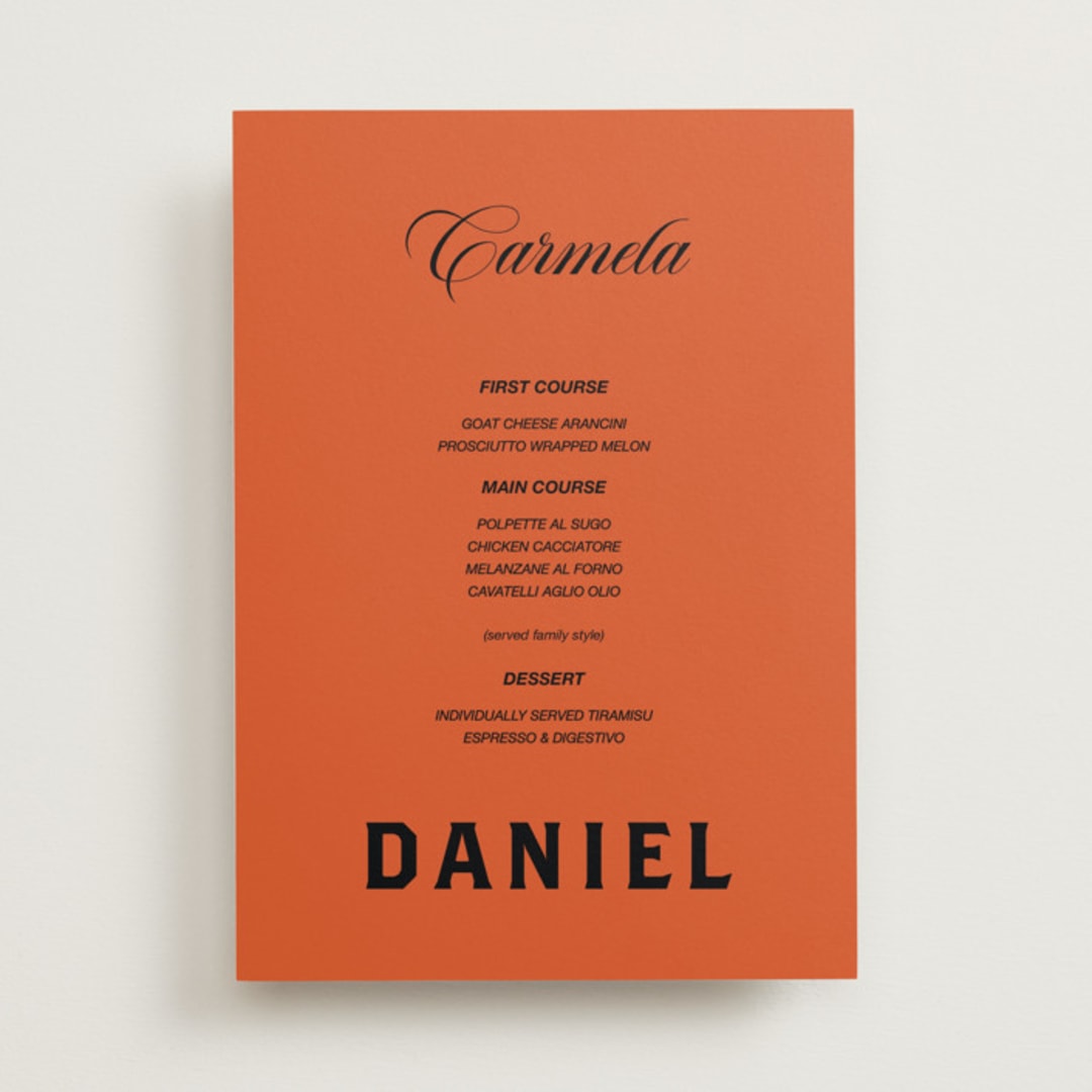 "Bold and Demure" - Menus in Amaro by Claire - Front