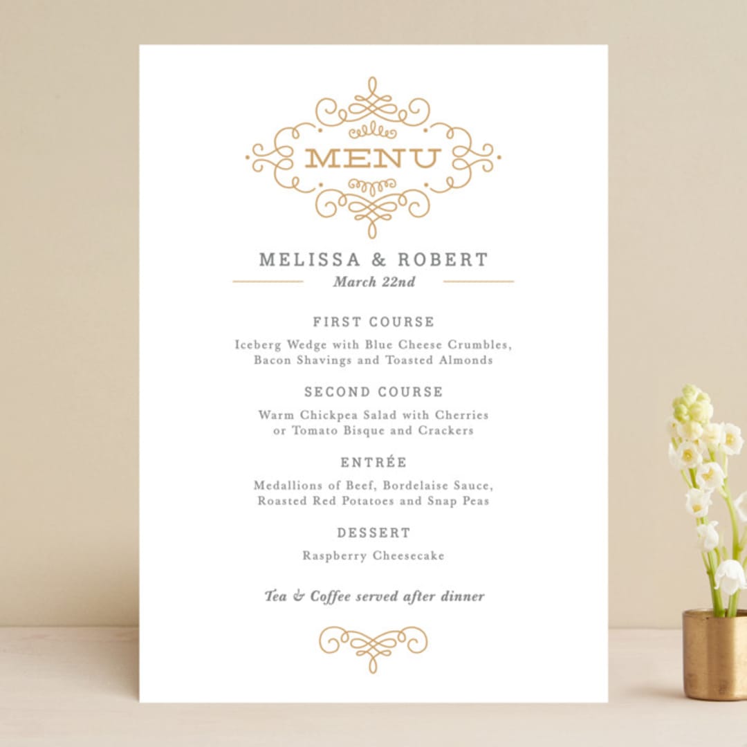"Ornate Monogram" - Menus in Faux Gold by Kristen Smith - Front