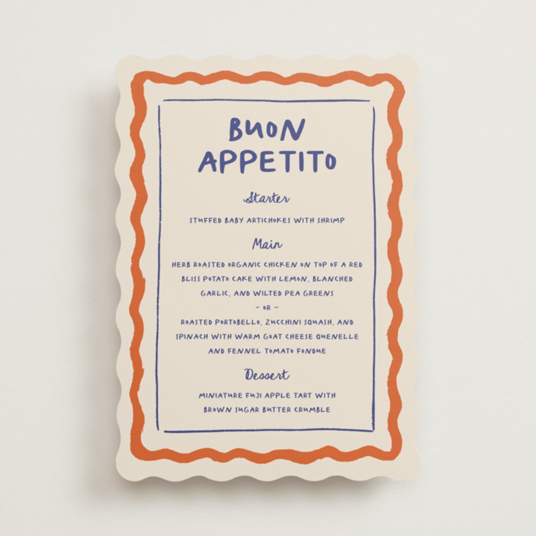 "Italian Whimsy" - Menus in Tomato by Carmia Jordaan - Front