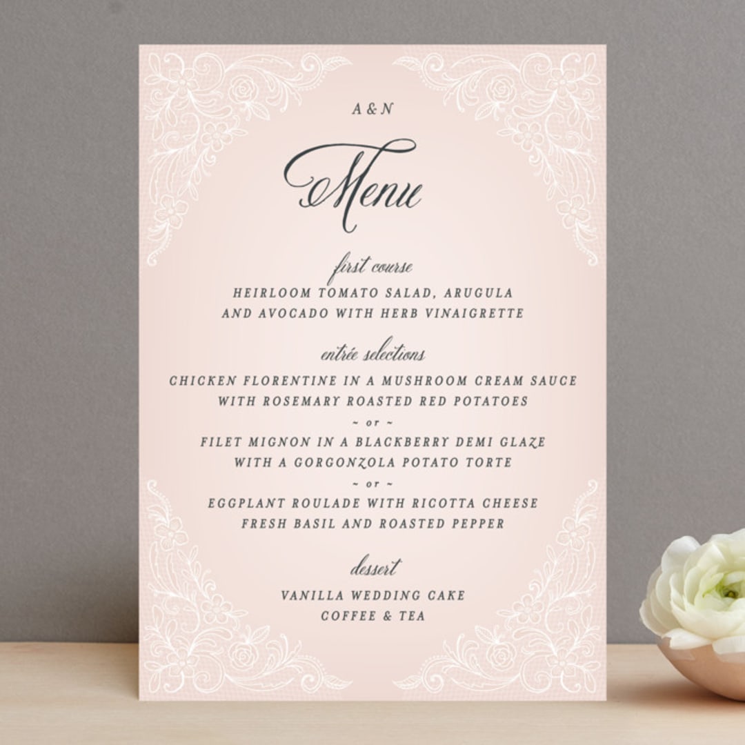"Elegant Lace" - Menus in Blush by Hooray Creative - Front