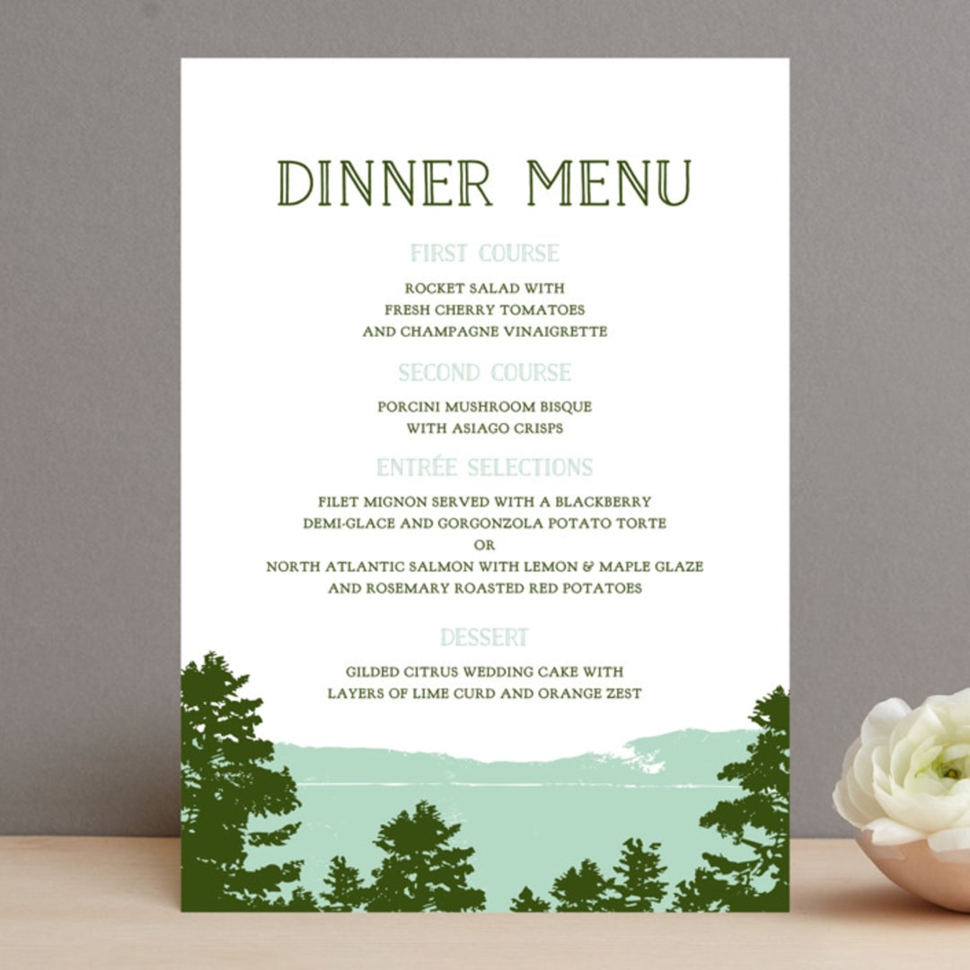 "Mountain View" - Menus in Pine green by Ariel Rutland - Front