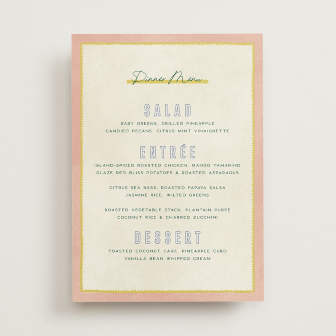 "Coastal Drift" - Menus in Caribbean Citrus by Pixel and Hank - Front
