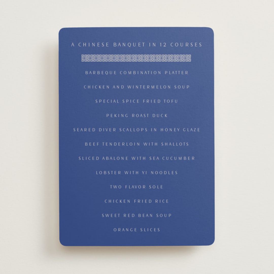 "two toned" - Menus in Marseille Bleu by Deborah Chou - Front