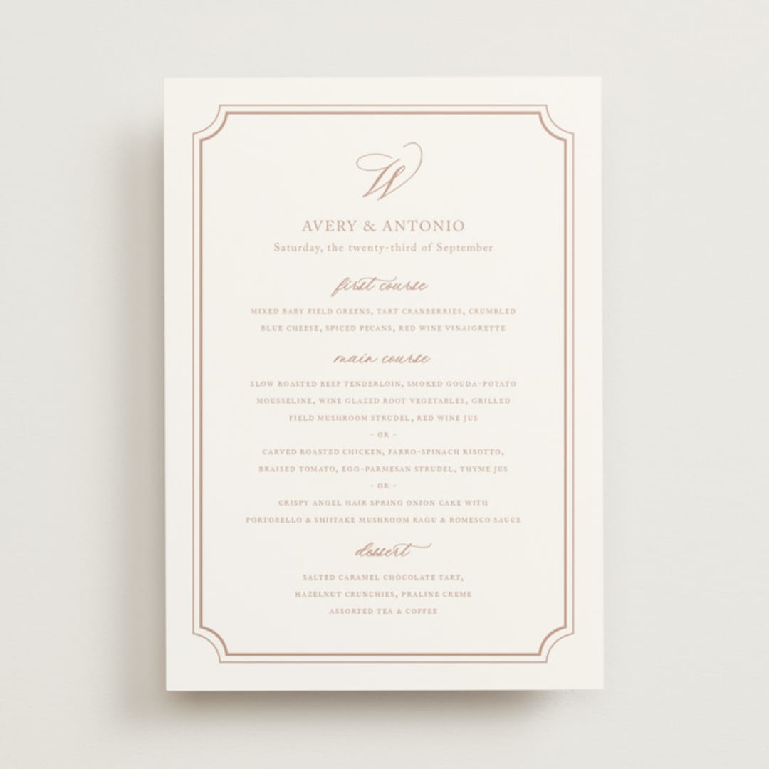 "Avery" - Menus in Dusty Pink by Jennifer Postorino - Front