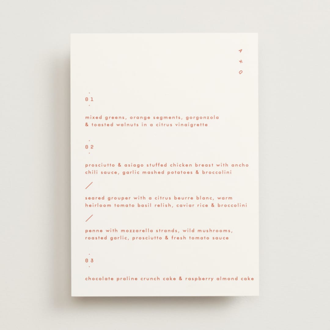 "Alaia" - Menus in Verona Sunset by Blustery August - Front