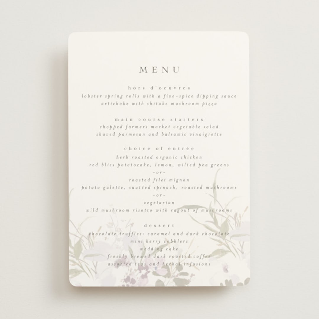 "Meadow Burst" - Menus in Lilac by Grace Kreinbrink - Front
