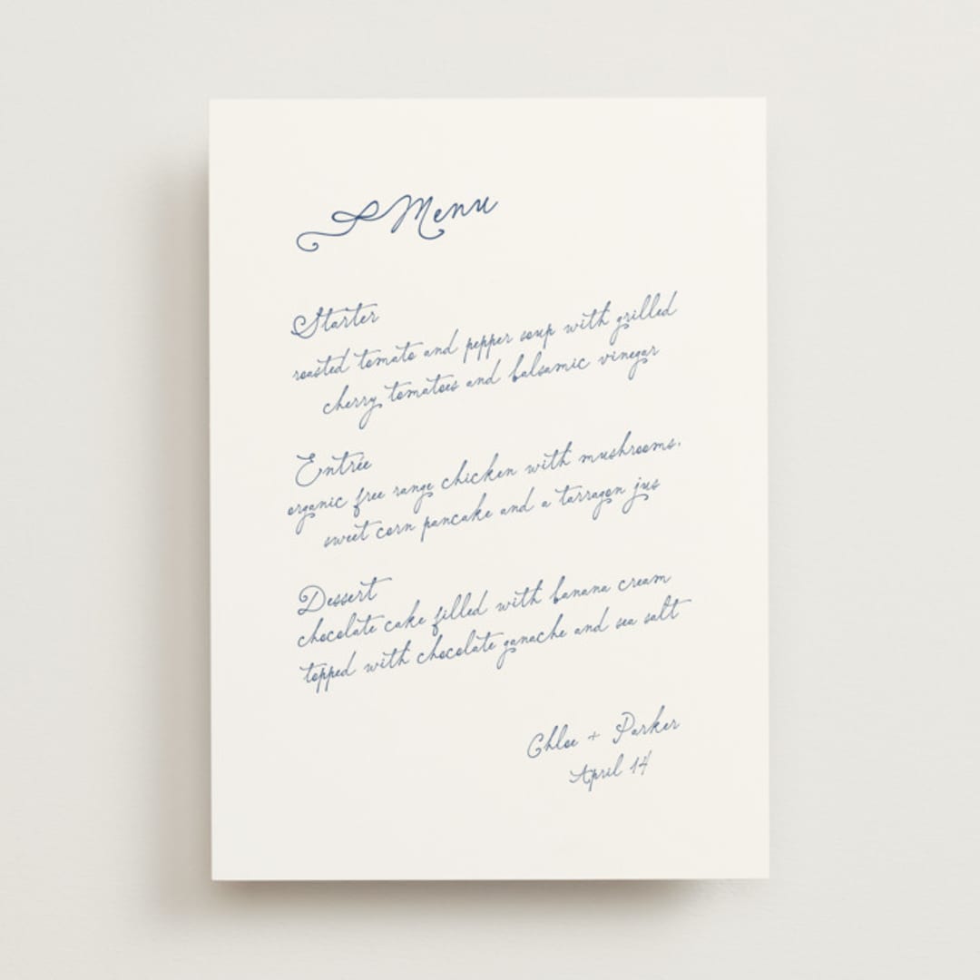 "Perfectly Noted" - Menus in Sapphire by Simona Camp - Front