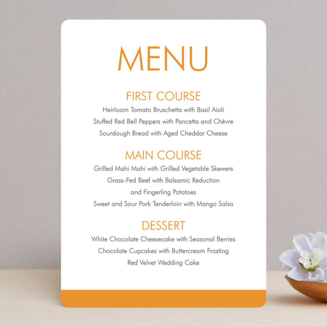 "Minimalist Display" - Menus in Tangerine by Nam Bourassa - Front