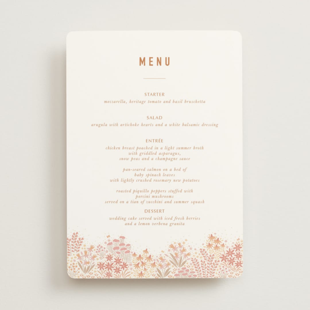 "Floral Border" - Menus in Peach by Pippa Shaw - Front