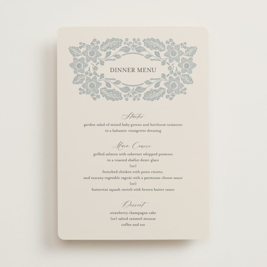 "Embroidered" - Menus in Dusty Blue by Jen Owens - Front