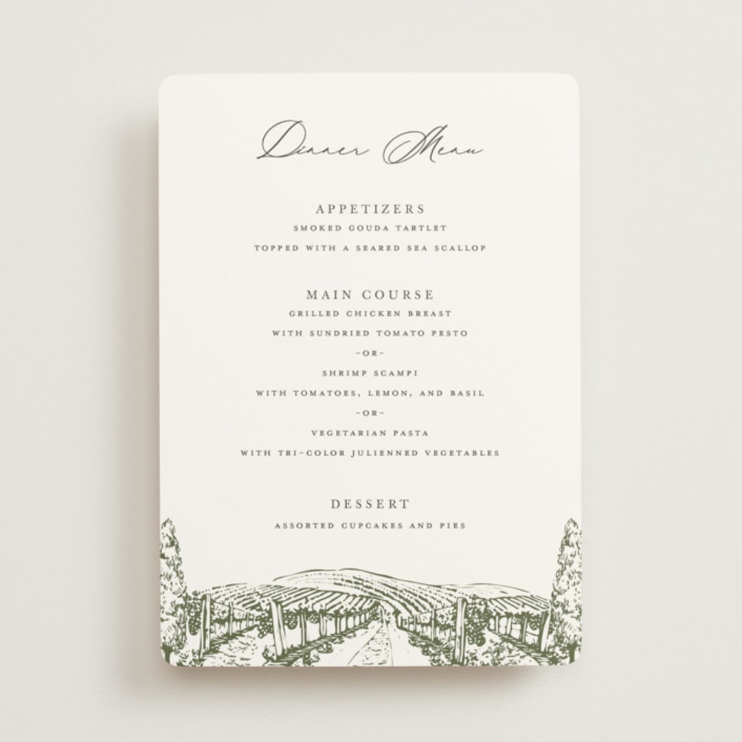 "Vineyard" - Menus in Olive by Sarah Brown - Front