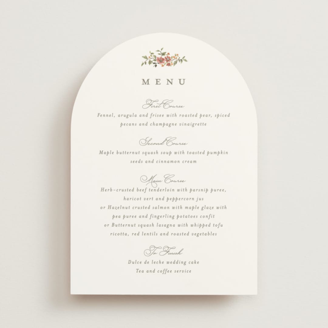 "Foliage Crest" - Menus in Mulberry by Everett Paper Goods - Front