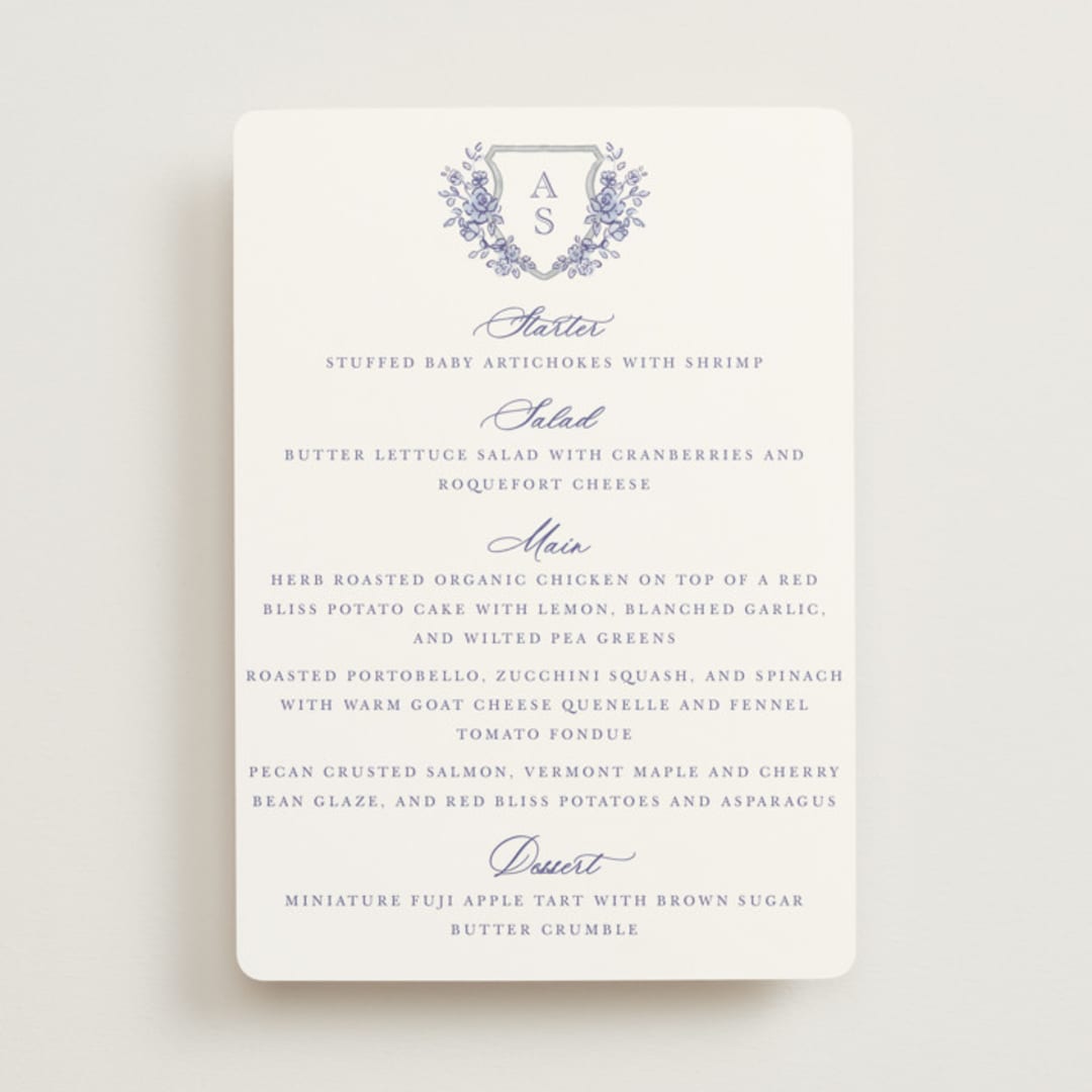 "watercolor flowers crest" - Menus in Dusty Blue by Cass Loh - Front