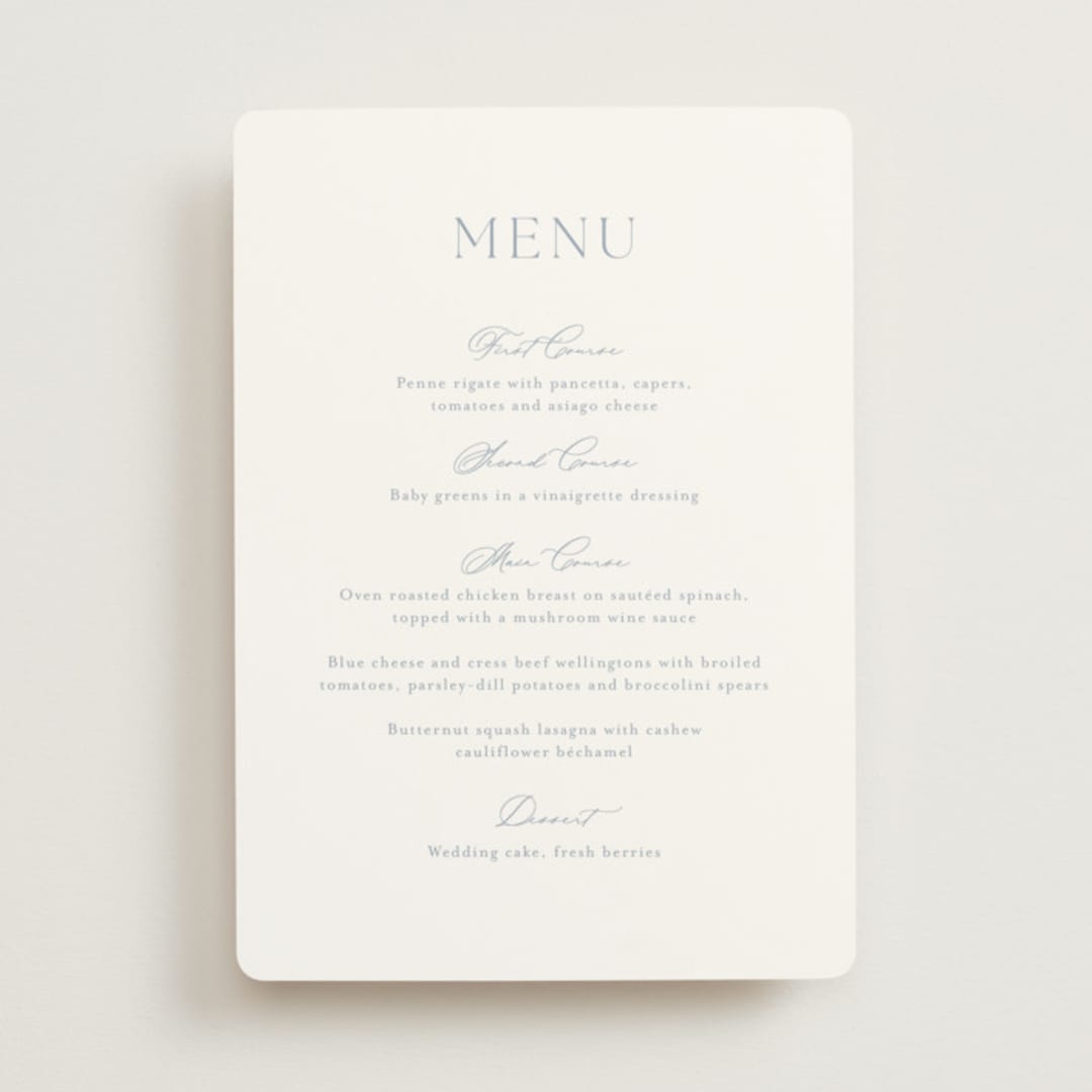 "Modern Air" - Menus in Dusty Blue by Stacey Meacham - Front