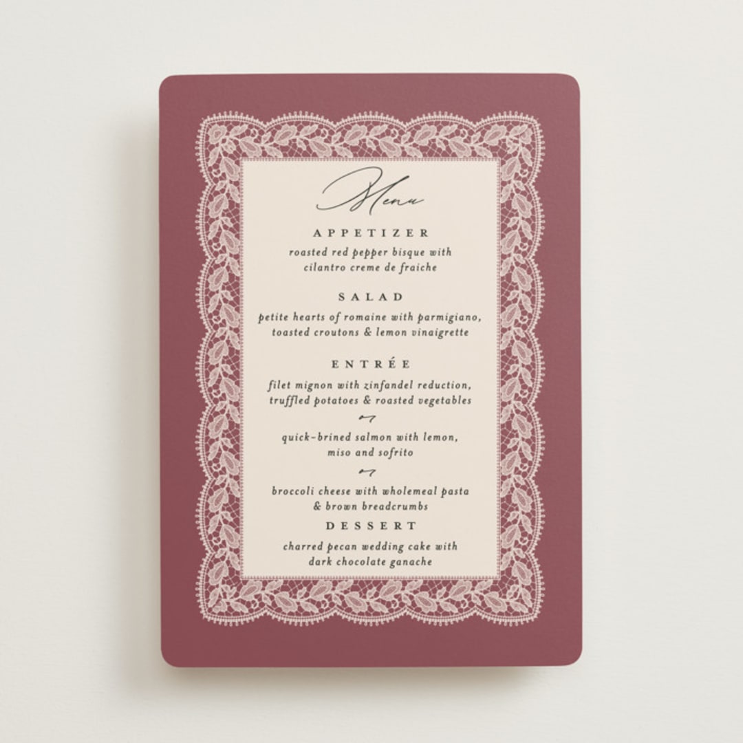 "Chantilly" - Menus in Mauve by Erica Krystek - Front