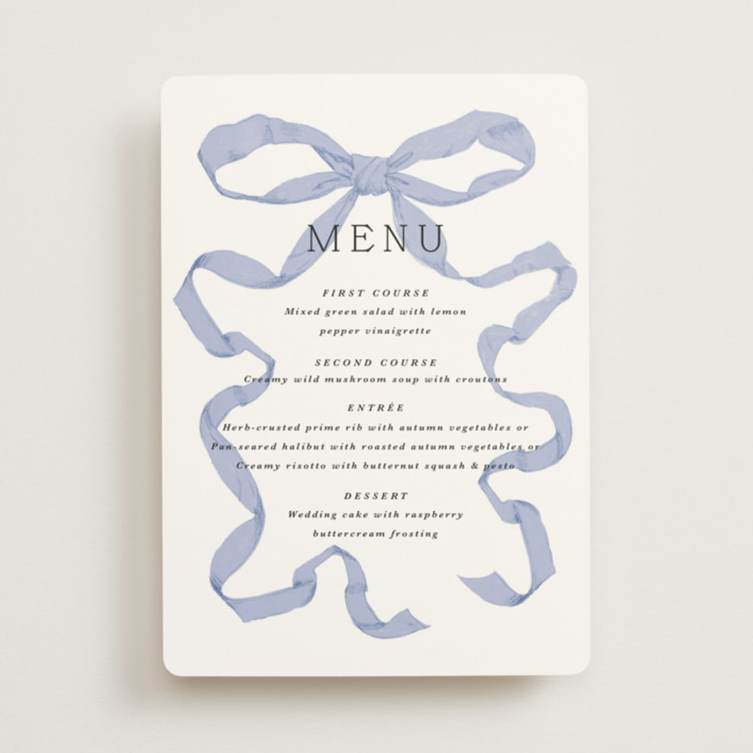 "Antique Ribbon" - Menus in Bluebell by Olivia Kanaley Inman - Front