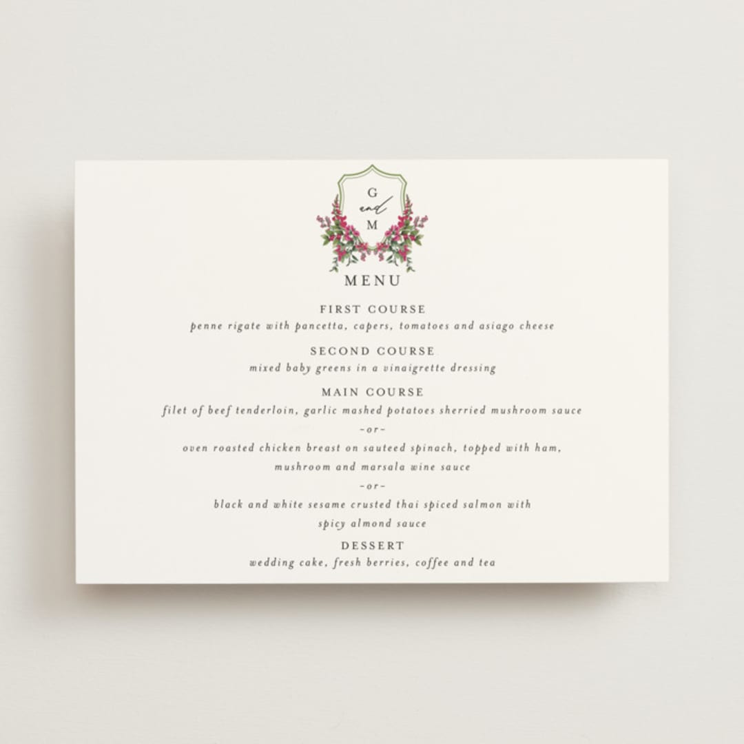 "Romantic Florals" - Menus in Peony by Susan Moyal - Front